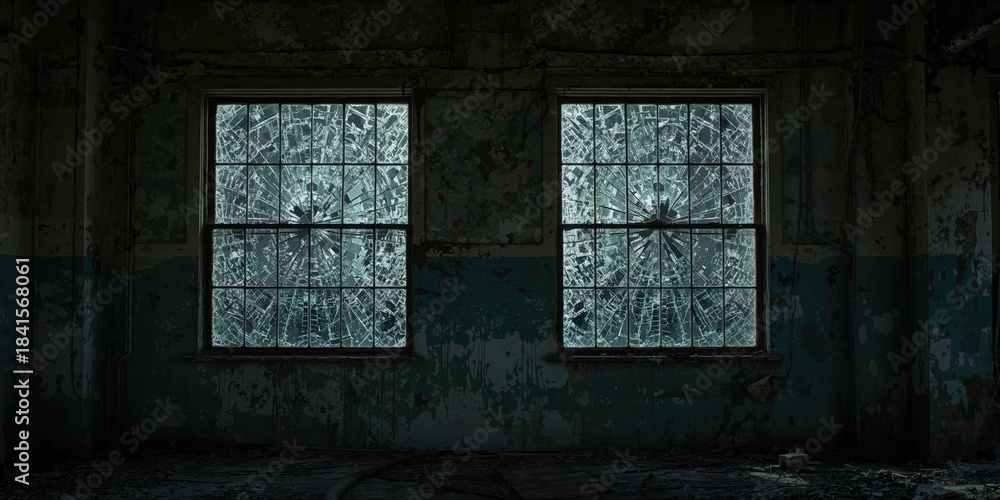 Fototapeta premium Dilapidated factory with shattered windows highlighting neglect and decay