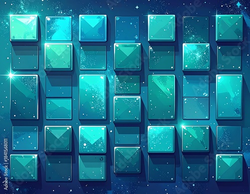 Glossy teal squares arranged against a cosmic backdrop. Light flickers, adding dimension to the mosaic-like scene