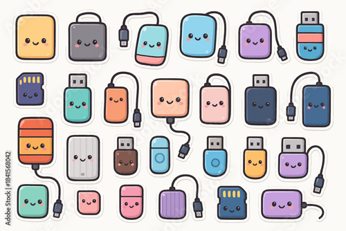Cute cartoon faces on usb drives and memory cards with smiling expressions