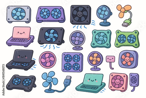 Colorful cartoon laptop cooling fans and usb gadgets illustration