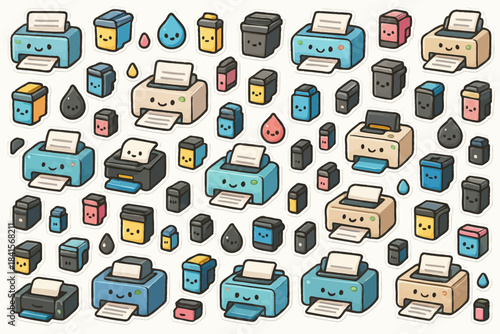 Cute cartoon printers and ink cartridges in colorful repeating pattern