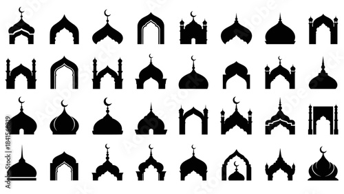 Collection of mosque dome silhouettes with crescent moon