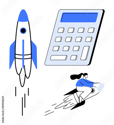 Business growth, innovation, startup ideas, financial planning, futuristic success, entrepreneurship. Rocket launch, calculator person on jetpack. Business growth and innovation visual concept