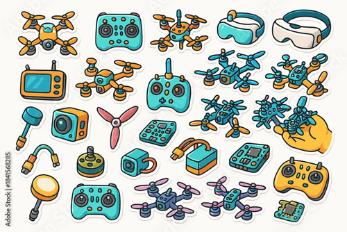 Collection of vibrant drone and technology stickers with controllers and gadgets