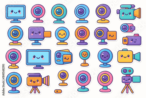 Colorful kawaii cameras and devices collection with smiling faces