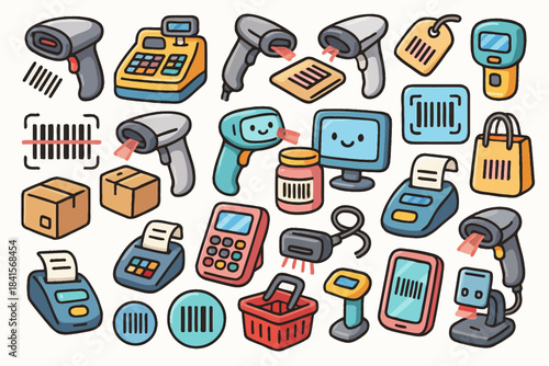 Colorful cartoon grocery and retail technology icons collection