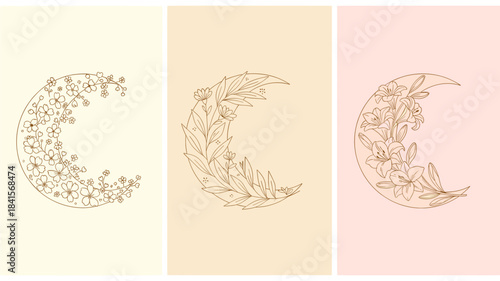 Crescent moon floral illustration set in pastel colors