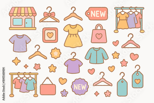 Cute pastel clothing and accessories illustration with dresses, tags, and hangers