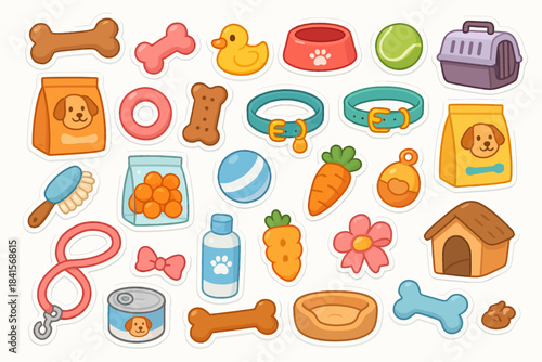 Colorful dog accessories collection featuring toys and essentials