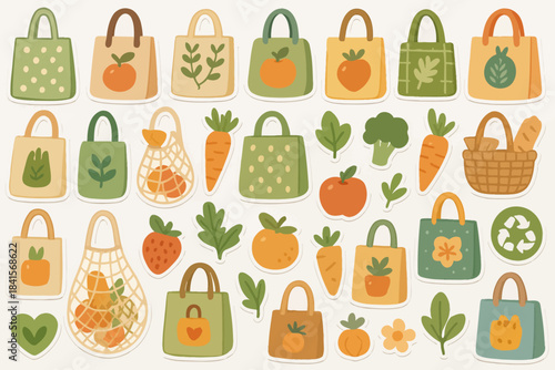 Eco-friendly shopping bags with fruits and vegetables illustrations