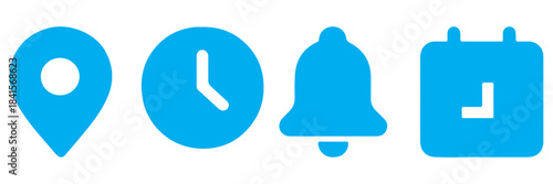 Solid clock, bell and calendar icons for event planning vector illustration. Reminder and navigation elements symbol. Schedule and date management sign. Modern interface concept