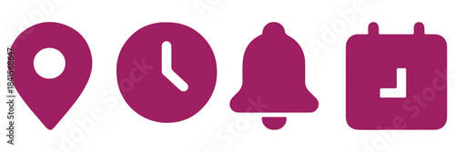 Solid clock, bell and calendar icons for event planning vector illustration. Reminder and navigation elements symbol. Schedule and date management sign. Modern interface concept