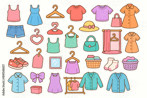Colorful cartoon clothing and accessories collection with dresses and shoes