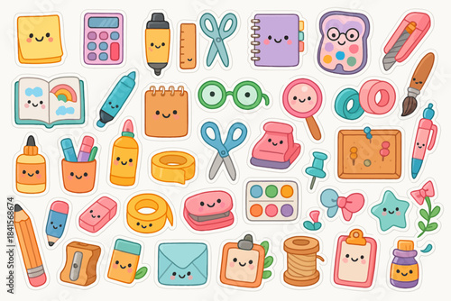 Cute stationery stickers with smiling faces - art supplies and office tools