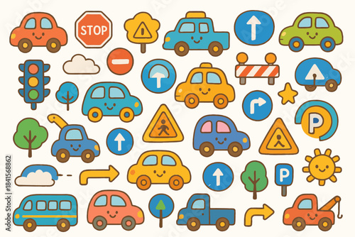 Colorful kawaii traffic signs and cars pattern with smiling faces