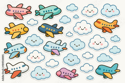 Cute cartoon airplanes and smiling clouds sticker pattern