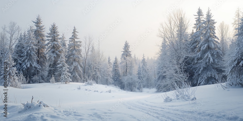 Fototapeta premium Snow-covered forest scene seasonal change, winter landscape, Earth Day