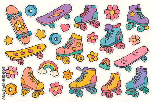 Colorful retro roller skates and skateboards with fun elements