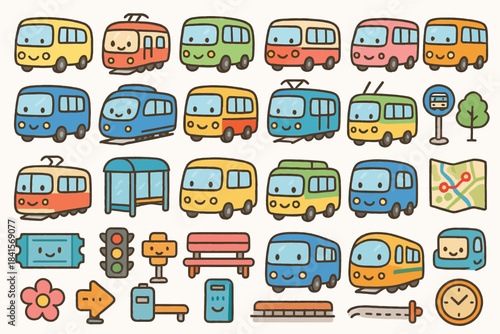 Cute cartoon transportation icons with smiling faces and road elements