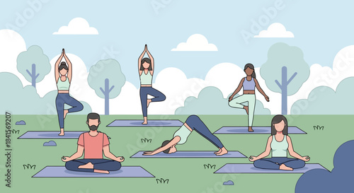 Yoga Harmony: People performing various yoga poses amidst a serene outdoor setting. A scene filled with calmness and wellness.
