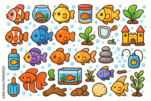 Colorful cartoon aquarium fish with accessories and aquatic plants