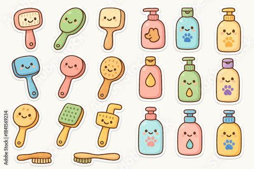 Cute cartoon pet grooming accessories with brushes and shampoo bottles for animal care