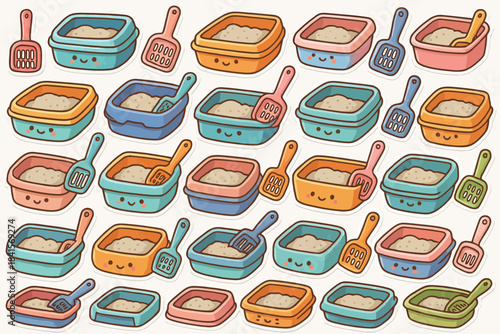 Colorful cartoon litter boxes with smiling faces and scoops