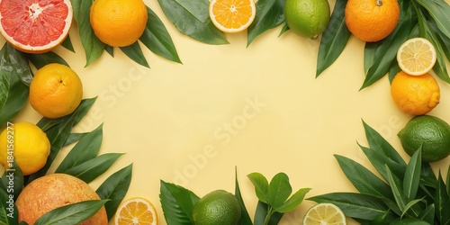 Fototapeta Naklejka Na Ścianę i Meble -  Flat lay of tropical fruits and leaves on a pastel yellow background, suitable for food layout or menu design