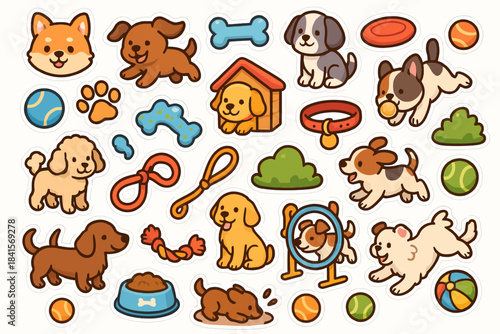 Cute cartoon dogs and playful puppy elements in a fun sticker set