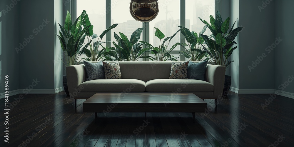 Obraz premium Living room in a contemporary apartment featuring cozy seating, a wooden table, and potted plants by the window, focused on interior design