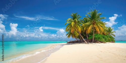 Fototapeta Naklejka Na Ścianę i Meble -  Palm trees and beach scene, tropical landscape for travel promotion