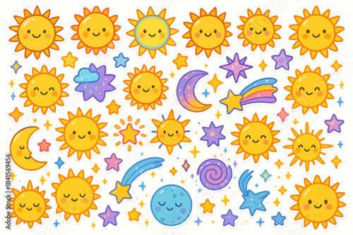 Cute sun, moon, and stars pattern with colorful smiling celestial elements