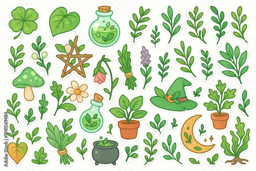 Whimsical nature stickers with plants, mushrooms, and witchy elements