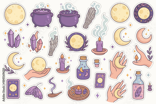 Mystical moon and magic potions with crystals and candles