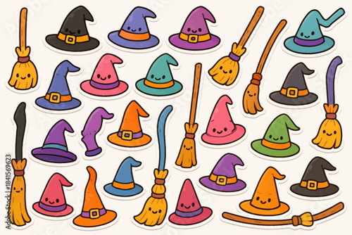 Colorful cartoon witch hats and brooms on white background