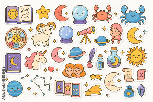 Colorful celestial and zodiac stickers featuring astrology and astronomy symbols