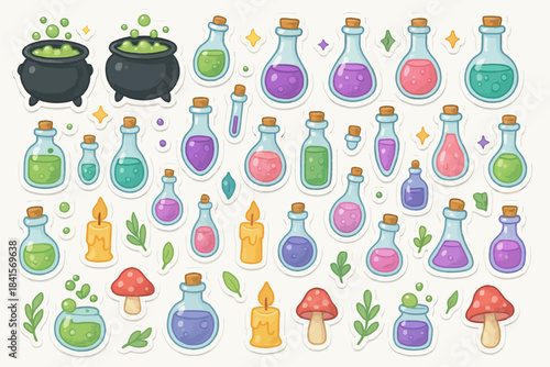 Colorful potion bottles and magical elements collection in cartoon style