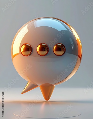 Glossy white speech bubble with three golden dots, casting shadows on a light grey surface in a warm, soft light