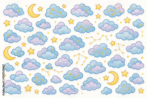 Whimsical cloud and star pattern with constellations and crescents