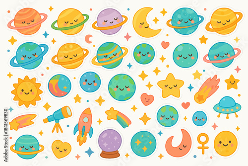 Colorful cute celestial bodies and space objects with smiling faces