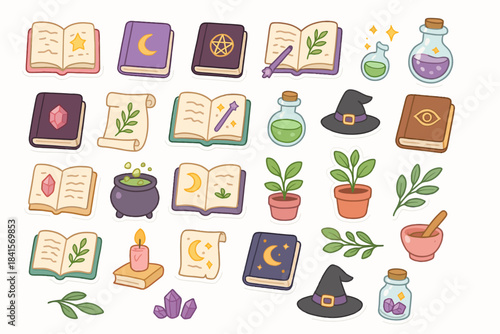 Whimsical magic icons: books, potions, witch hat, plants, and crystals