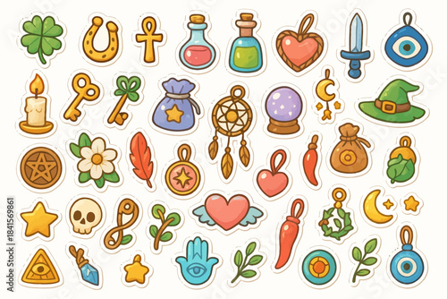 Colorful assortment of magical stickers with symbols and charms