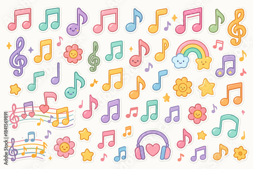 Colorful music-themed stickers with notes, flowers, and rainbows