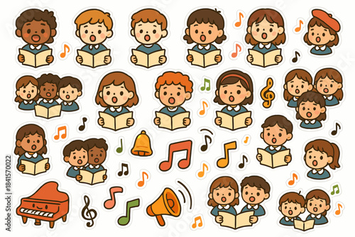 Diverse children singing in choir with musical notes and instruments