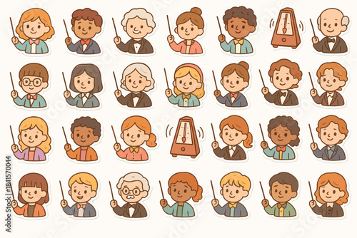 Cartoon characters of diverse young conductors with metronomes