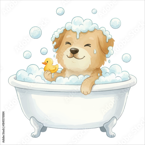 Cute watercolor dog taking a bubble bath vector on white background
