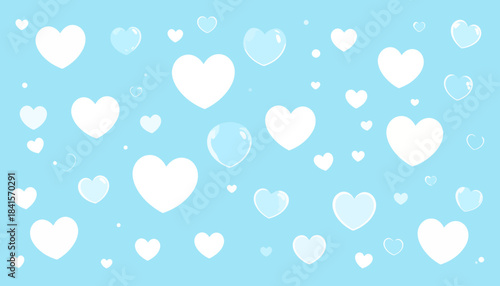 A charming light blue background adorned with numerous white heart shapes and delicate transparent bubbles, evoking feelings of love and tenderness.