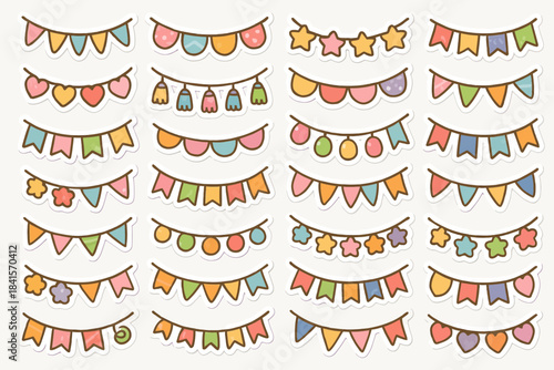 Colorful festive bunting flags with hearts and stars on white background
