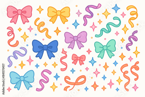 Colorful assortment of bows ribbons and stars on white background