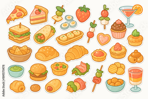 Colorful array of cartoon-style snacks and desserts including pizza, sushi, and cupcakes